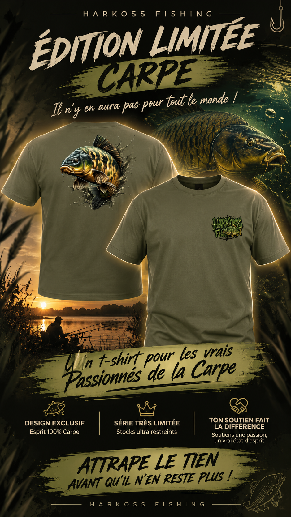 T-shirt Carpe « Harkoss fishing » – Vert Kaki